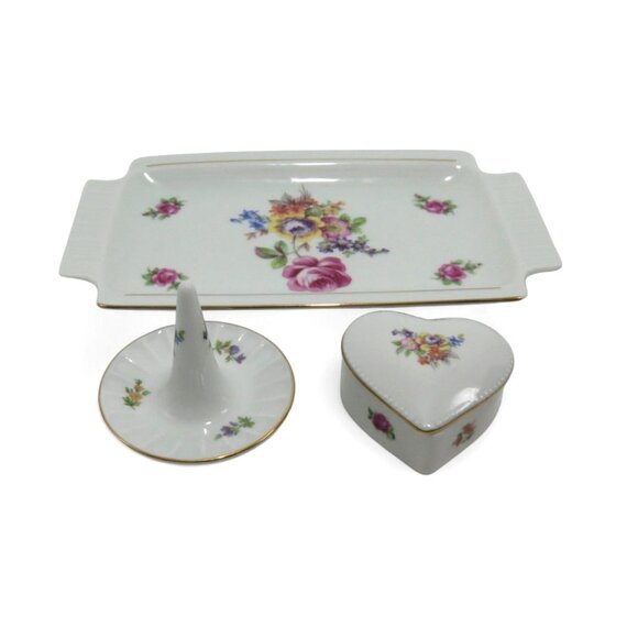 Vanity Set German Democratic Republic Floral Tray Ring Holder Heart Box Vintage - Picture 2 of 11
